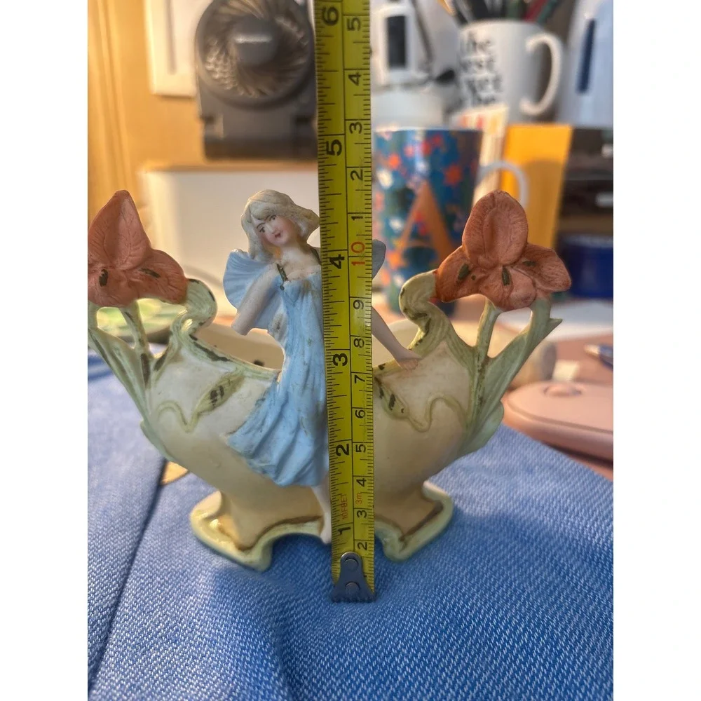 Antique Art Nouveau Fairy Iris Porcelain Planter Figurine Cachepot Blue Orange